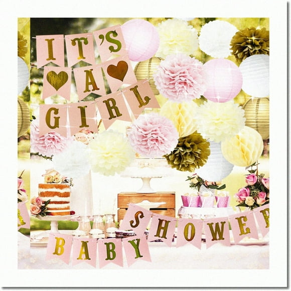 Royal Baby Bliss Party Pack - Pink & Gold Princess Shower Decorations: It's A Girl Banner, Pom Poms, Lanterns, Honeycomb Balls & More! Perfect Pink/White/Gold/Cream Baby Shower Decor