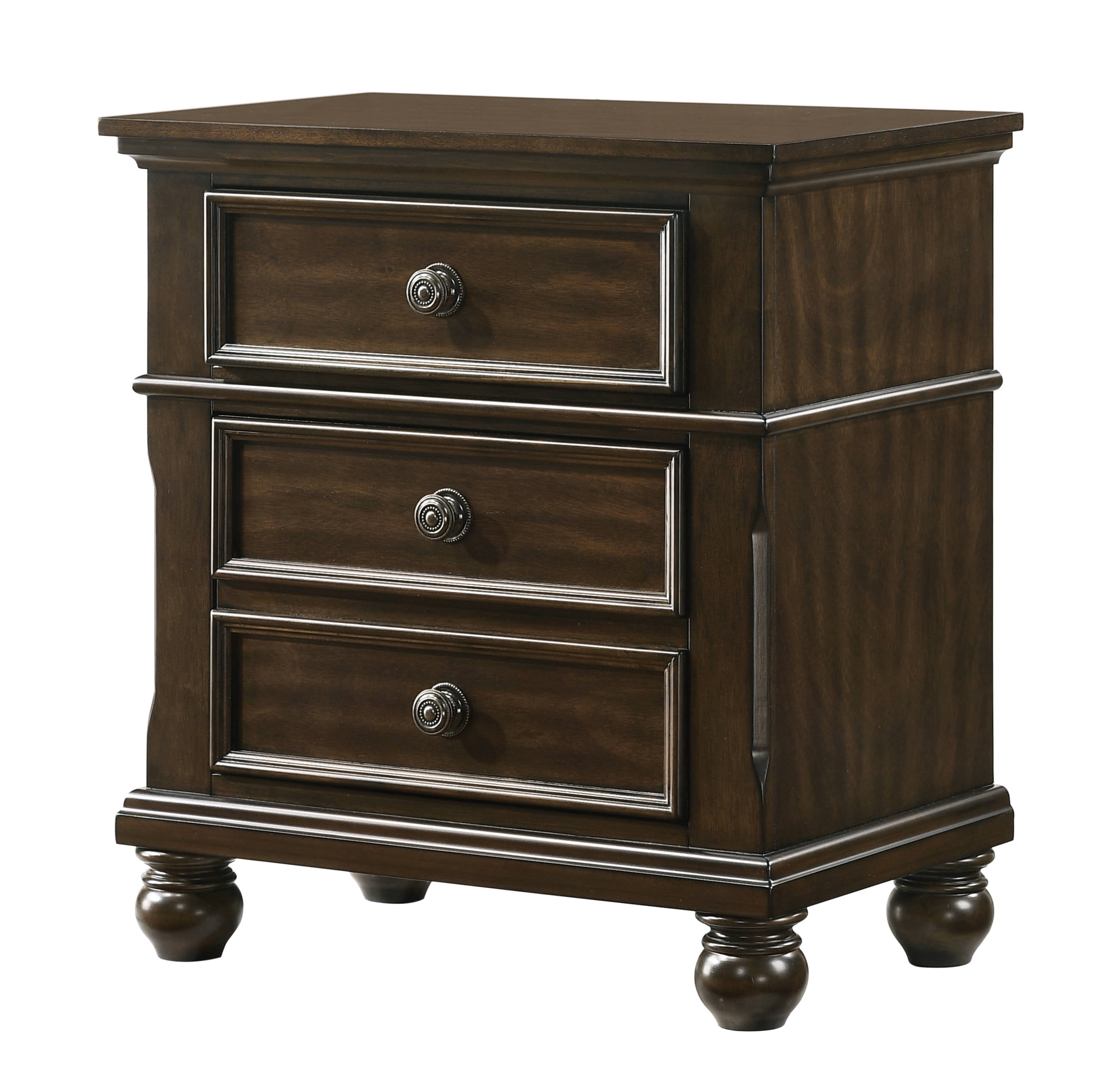 Officery Traditional 3Drawer Nightstand with Bun Feet 1Pc End Table Brown Wood Veneers