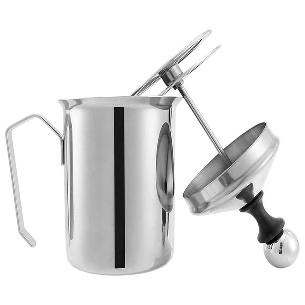 Manual Milk Creamer Hand Pump Frother Cappuccino Latte Coffee Foam Pitcher  with Handle, Lid, Double Layer Filter Screen, Stainless Steel, 17-Ounce