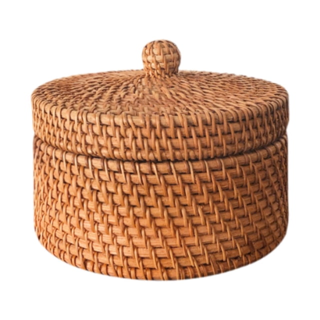 Cesta de almacenamiento de ratán, multiusos, hecha a mano, cesta de almacenamiento de escritorio, cesta de mimbre con tapa para la entrada del hogar redondo