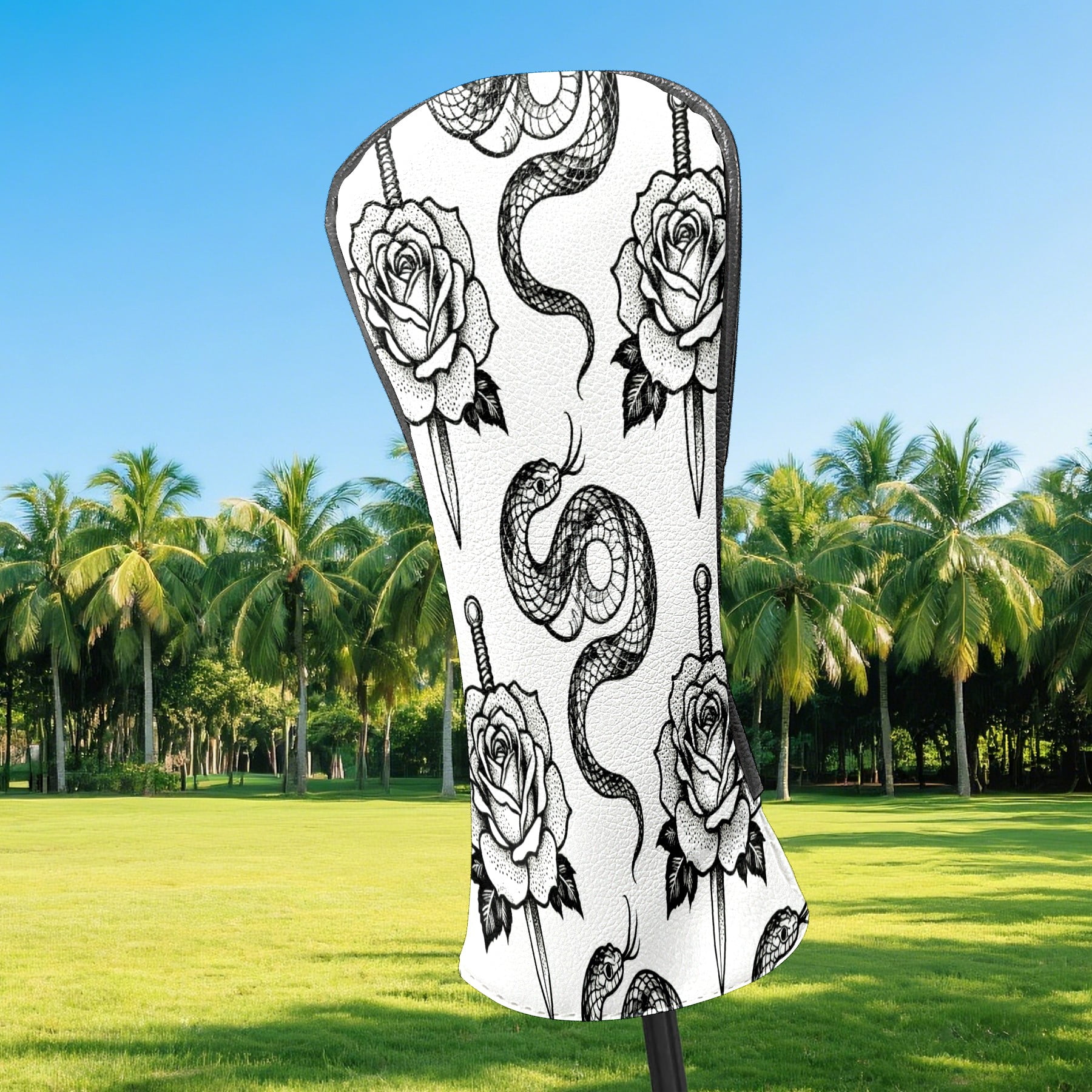 Golf Club Covers, BlackWhite RoseSnake Premium PU Leather Driver Hybrid Putter Head Covers with Velvet Lining, Waterproof Golf Gifts for Men Women
