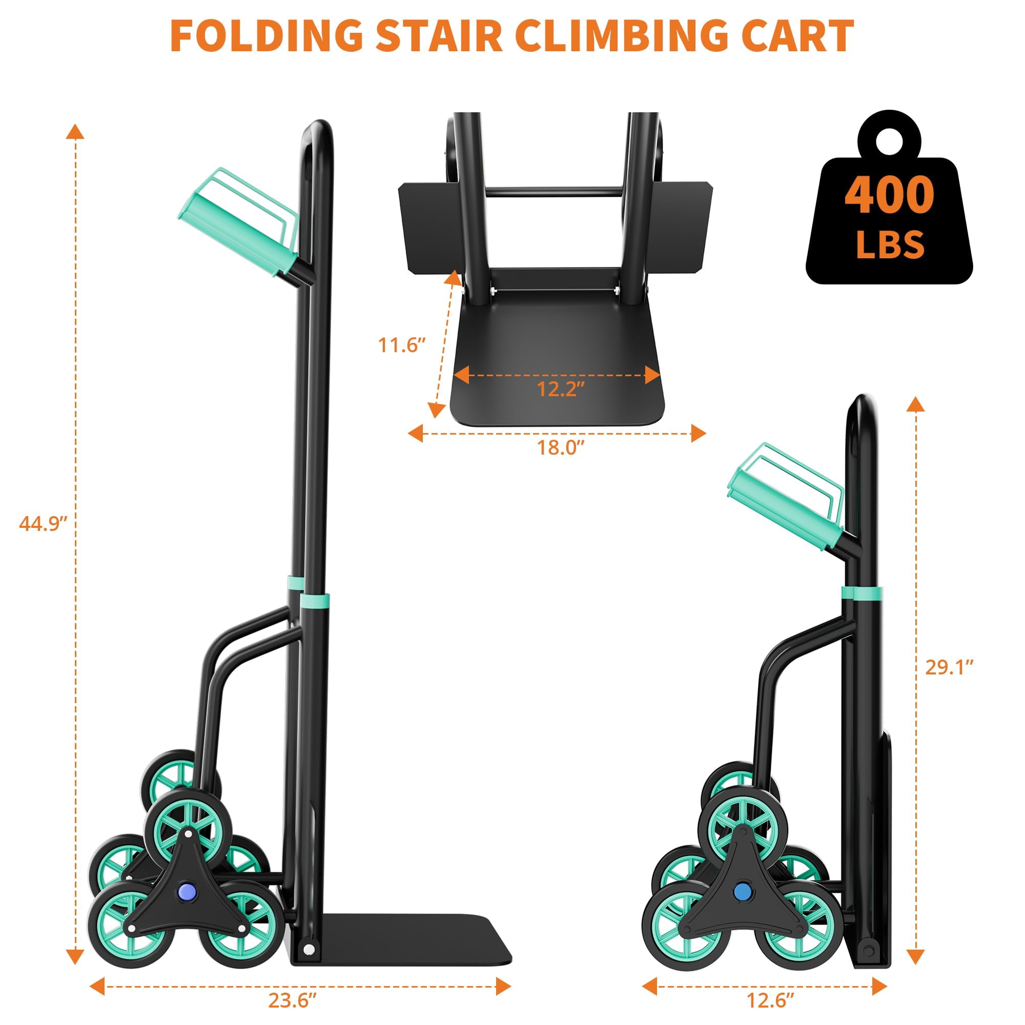 3 in 1 Convertible Aluminum Hand Truck Dolly Cart, 440Lbs Capacity, Stair Climbing Utility Trolley Platform Cart for Transport and Moving in Home, Office, Warehouse, Supermarket, Green+Black