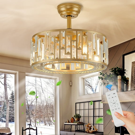 Gold Crystal Caged Ceiling Fan Light for Bedroom with Remote Control Modern Bladeless Brass Ceiling Fan Lighting Fixture for Dining Room Living Room