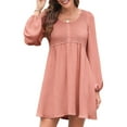 thumbnail image 3 of Women'S Casual Dresses Smocked Crewneck Button Up Long Sleeve Waist A-Line Mini Dress Pink S, 3 of 8