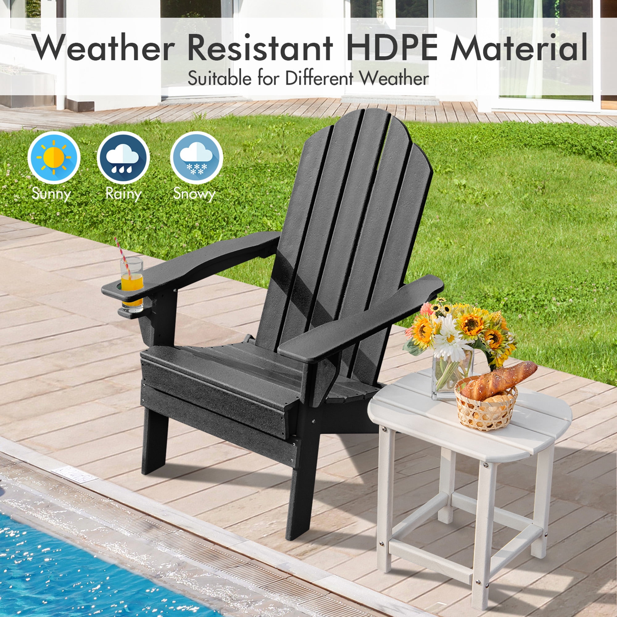 Gymax 2PCS Patio Folding Adirondack Chair Weather Resistant Cup Holder Yard Black