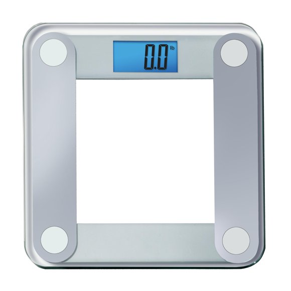Báscula de baño digital Eat Smart con pantalla iluminada extragrande y fácil de leer, seguimiento preciso del peso, incluye cinta métrica corporal gratuita, gris y transparente