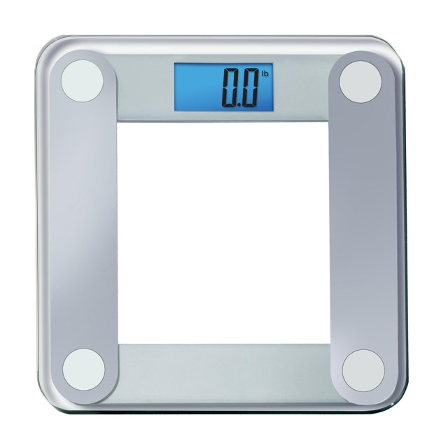 Báscula de baño digital Eat Smart con pantalla iluminada extragrande y fácil de leer, seguimiento preciso del peso, incluye cinta métrica corporal gratuita, gris y transparente
