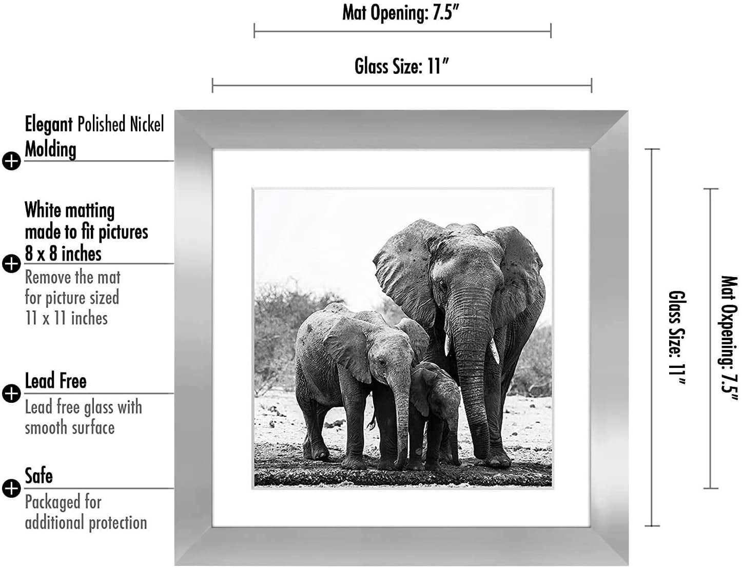 Americanflat 11x11 Picture Frame with Mat for 8x8, MDF wood and shatter-resistant glass, Silver