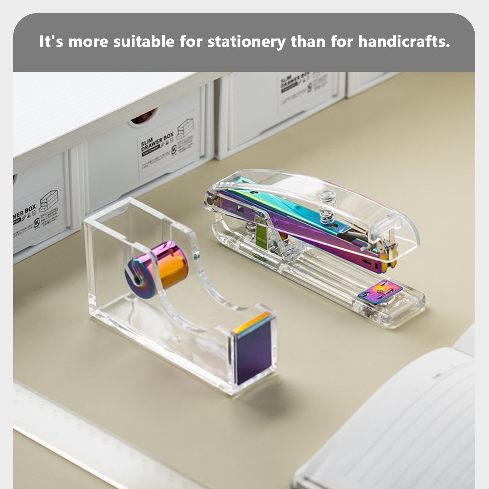Arcticwind Desk Accessories Acrylic stapler set,staple remover,Phone Holder,Tape Dispenser,Tape/Pen Holder,Scissor,Ballpoint Pen,Binder Clips,Paper Clips and Staples.(8 piece Iridescent set)