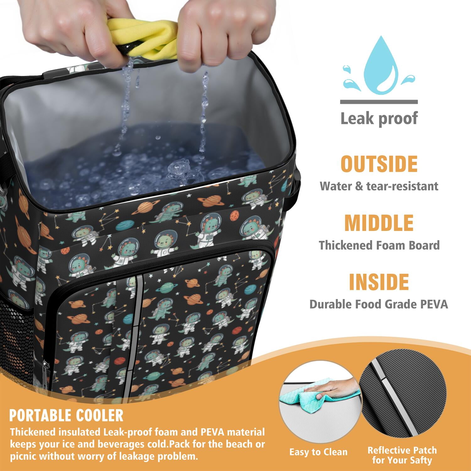 Travel Cooler Bag - Black Cartoon Astronaut Dinosaurs Planets Pattern Camping Beer Cooler Backpack with Bottle Opener- Waterproof Insulated Picnic Backpacks - Cooler Bag for Beach