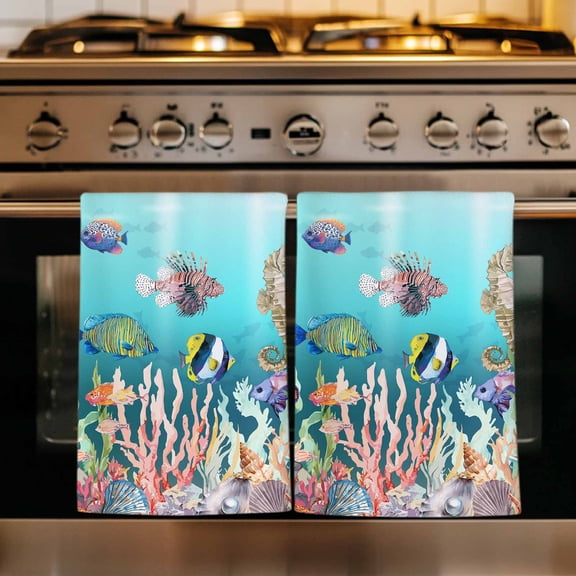 Seahorse Coastal Kitchen Towels Set of 3, Nautical Ocean Summer Blue Teal Coral Shell Absorbent Dish Towels for Kitchen, Microfiber Hand Towel, Quick Drying Tea Towel for Cleaning Dishcloths