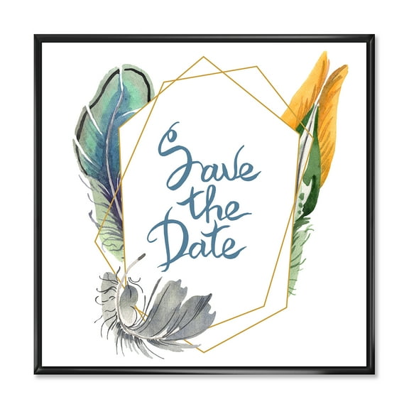 Designart 'Save The Date Bird Blue Feather' Bohemian & Eclectic Framed Canvas Wall Art Print
