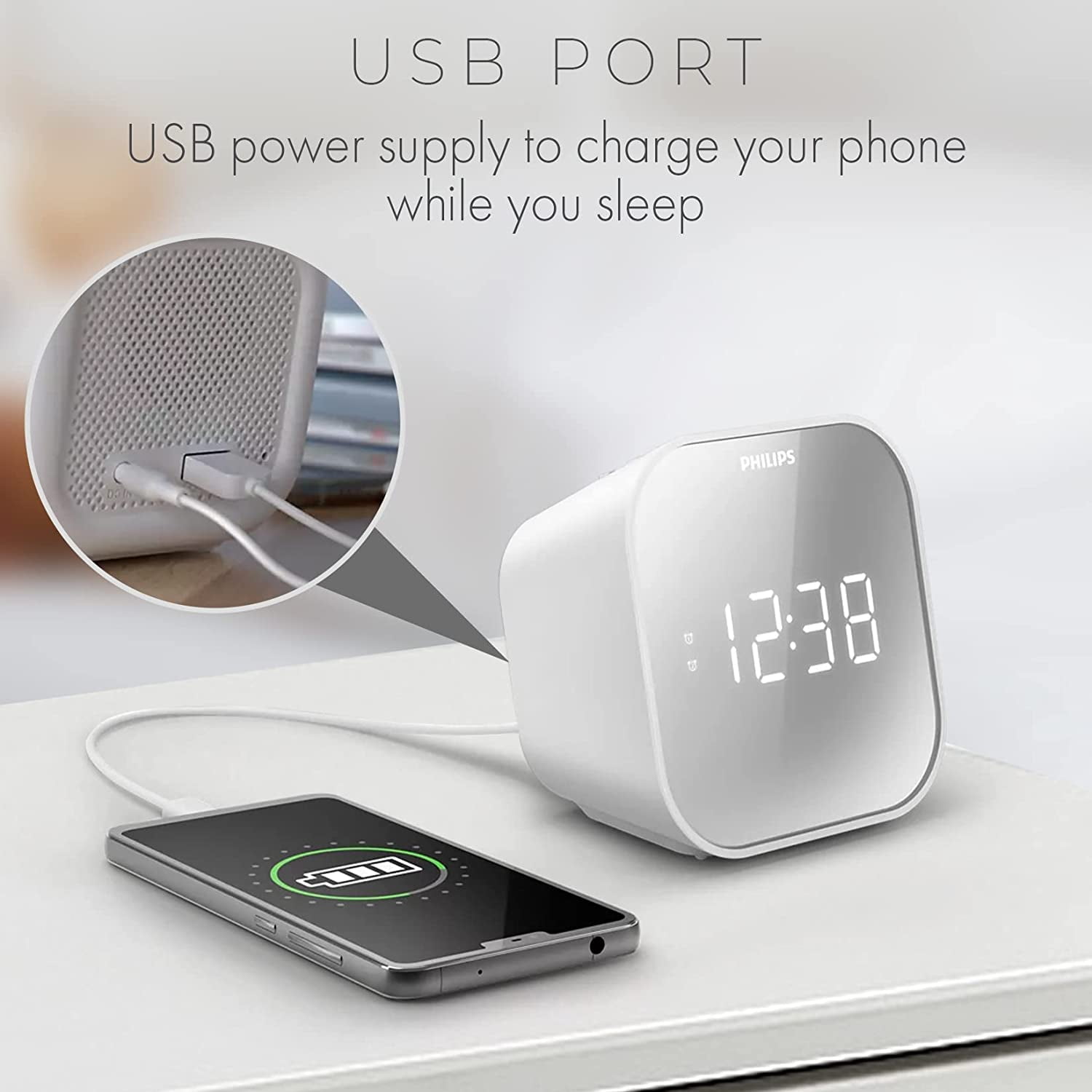 PHILIPS Digital Alarm Clock with USB Charge Port & FM Radio, Mirror Clock