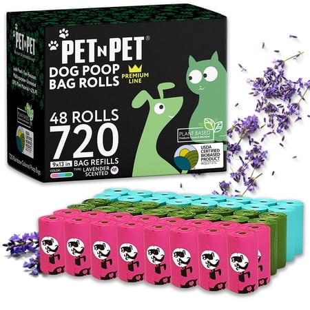 PET N PET Dog Poop Bags, 720 Count, Lavender Scented, 41% Plant-Based USDA Certified, Leak-Proof Dog Waste Bags, 8 x 15 Inches, Colorful