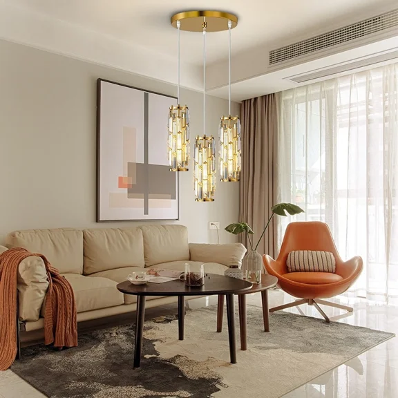 LUOLAX Gold Crystal Chandelier 3-Lights Cluster Pendant Lamp Ceiling Lighting Fixtures