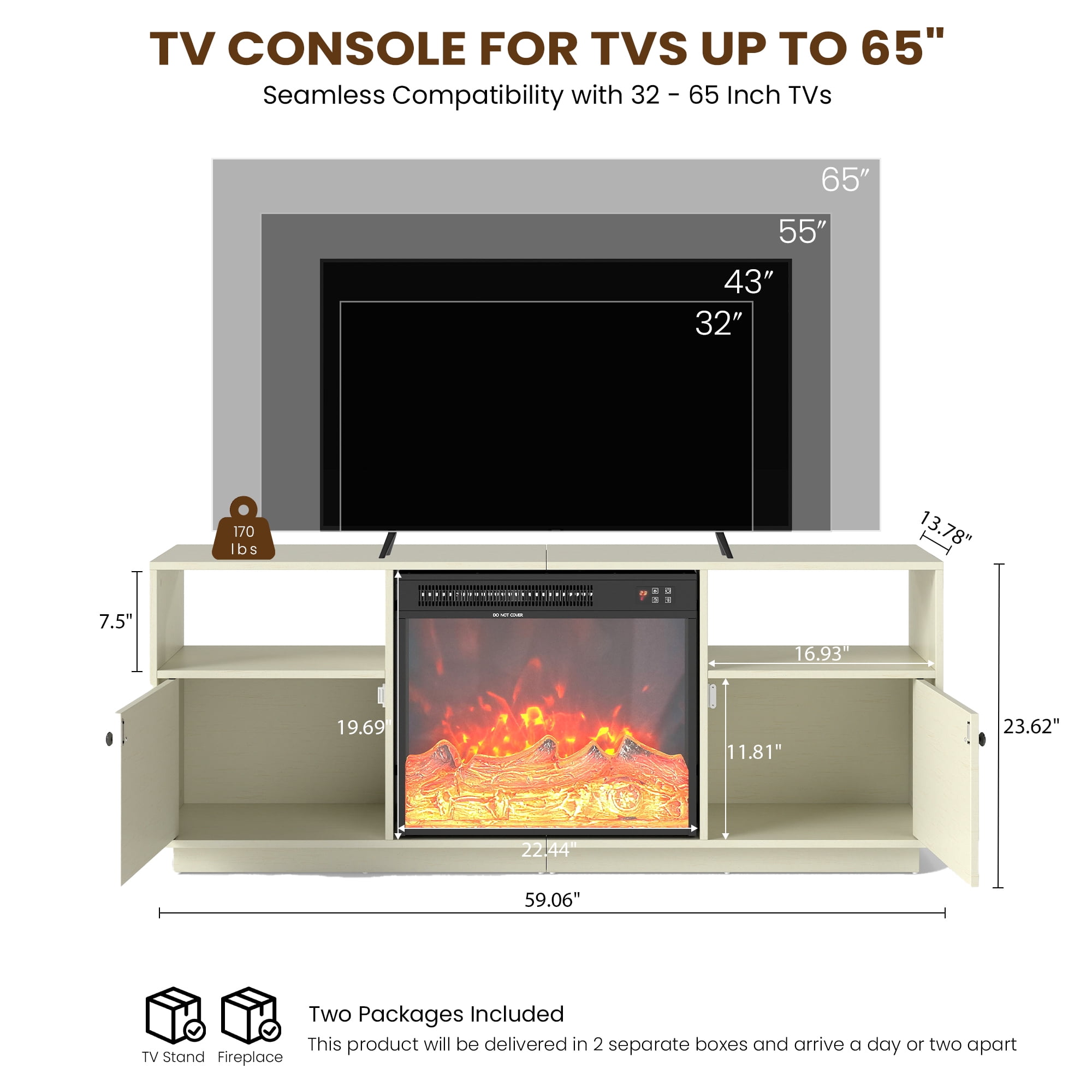 Manxile Fireplace TV Stand with 23'' Fireplace for TVs up to 75'', Two Drawers Storage, LED Light, White
