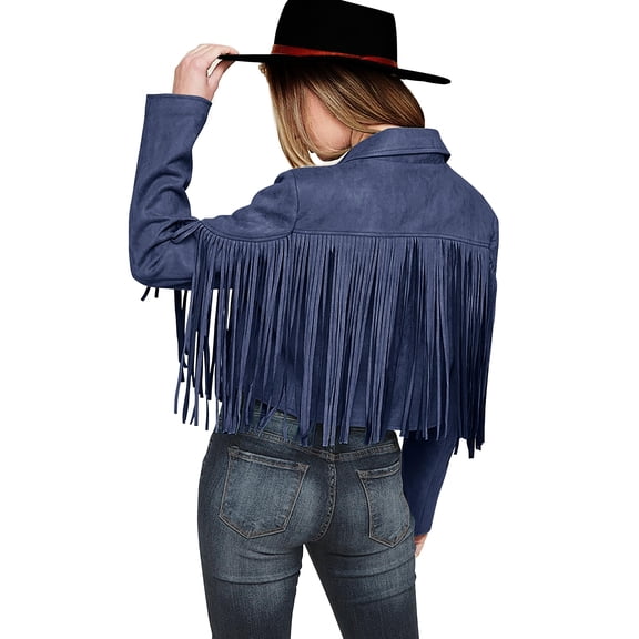 Chaqueta corta con flecos PRETTYGARDEN azul neblina talla grande