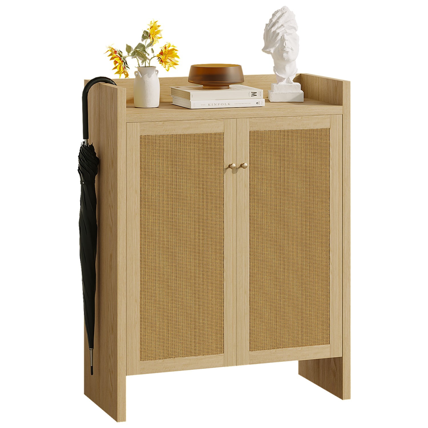 42.5" Tall Rattan Shoe Cabinet with Doors, 6-Tier Wooden Freestanding Shoe Storage Organizer with Adjustable Shelves, Mid-Century Entryway Shoe Cabinet for Hallway & Living Room