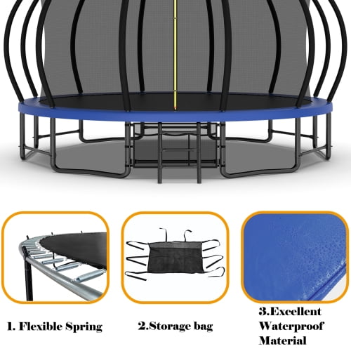 Leumius Trampolining Outdoor Trampoline, 16 ft Round Frame, 12 Curved Poles, Ladder & Basketball Hoop, 1323 lb Total Capacity, 330 lb Single User