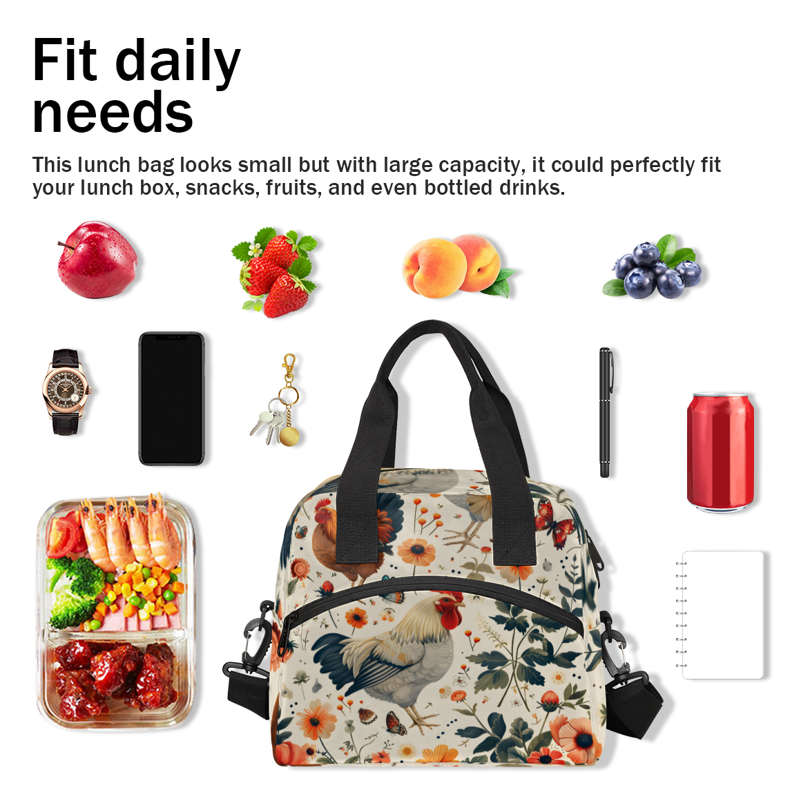 Herdesigns Chicken Cock Insulated Lunch Bag for Women Men Adults Large Reusable Lunch Box Hens Rooster Leakproof Cooler Tote Bags with Adjustable Shoulder Strap