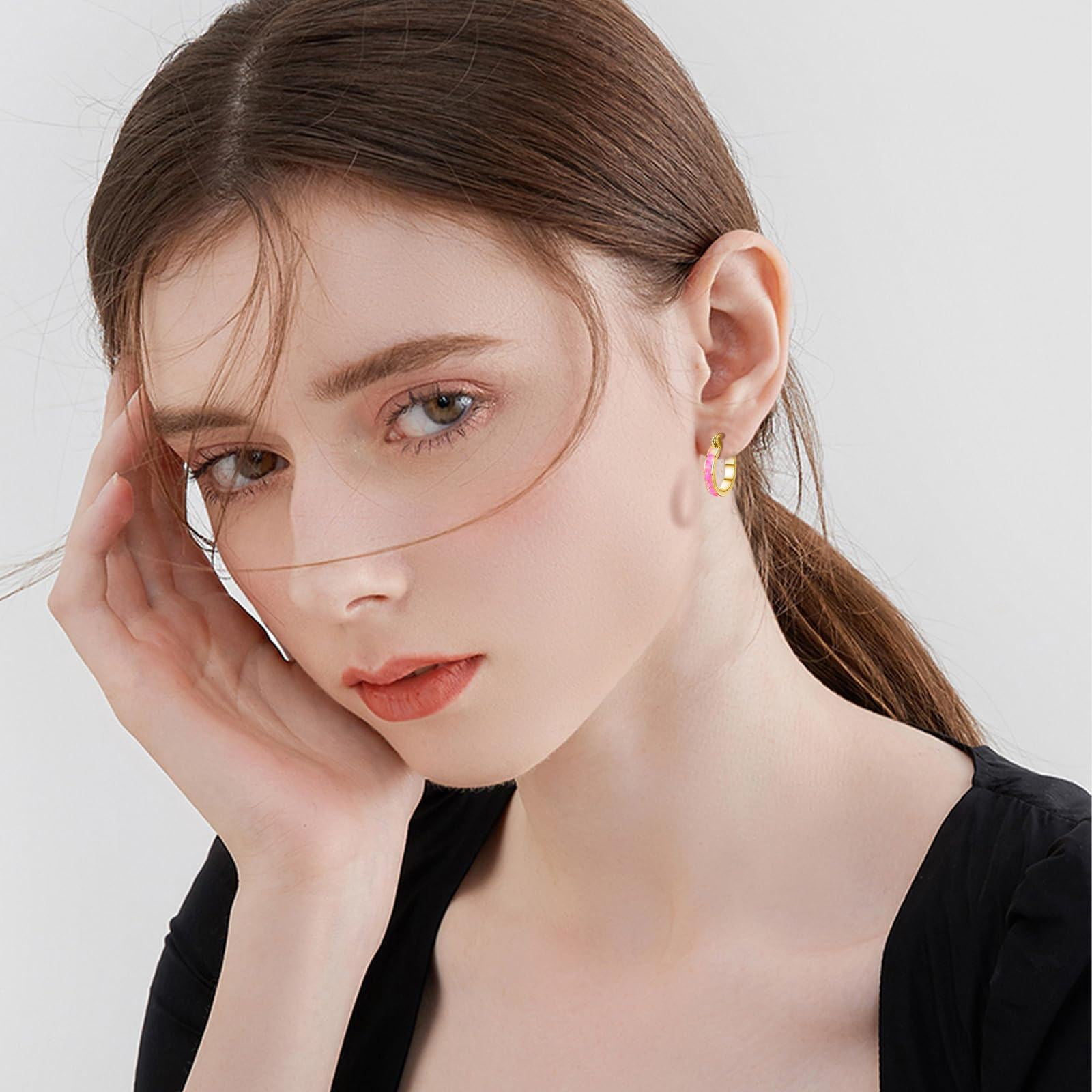 Coachuhhar Opal Hoop Earrings for Women 925 Sterling Silver Hypoallergenic Huggie Earrings Tiny Cartilage Earrings Mini Hoops Earrings Small Earrings Opal Jewelry for Mother's Day