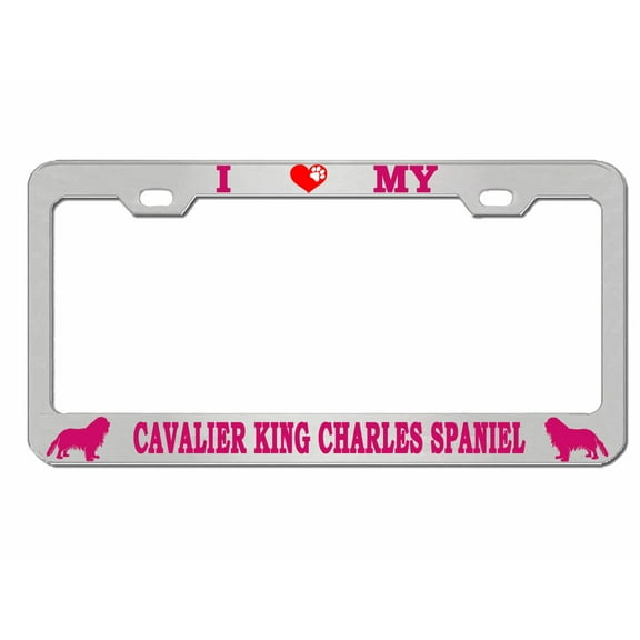 Cavalier King Charles Spaniel Style Dog Metal License Plate Frame Personalized/Car Accessories Car Tag Holder Cover (Chrome/Dark Pink)