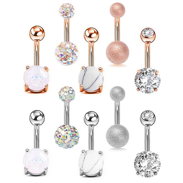 Trayknick 5/10Pcs Women Faux Opal Inlaid Belly Button Navel Rings Body Piercing Jewelry Rose Gold 5Pcs