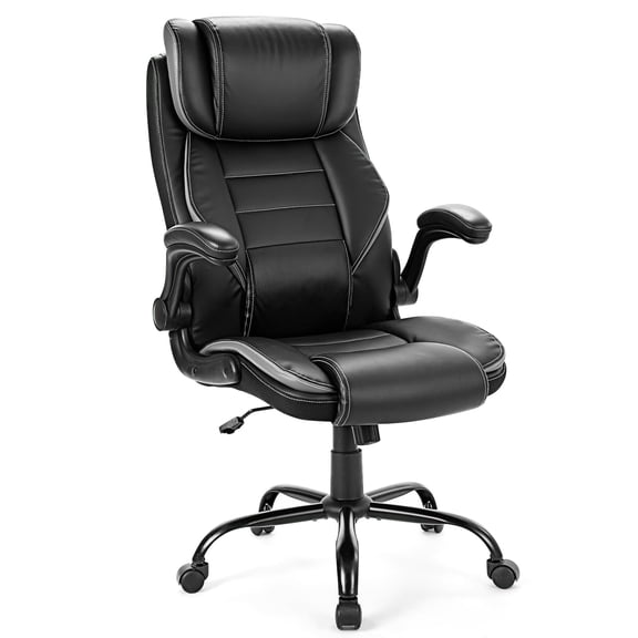 Ergonomic Office Chair with Pocket Spring Lumbar Support - High Back Executive Leather Chair, Adjustable Headrest, Flip-Up Arms, Reclining Desk Chair