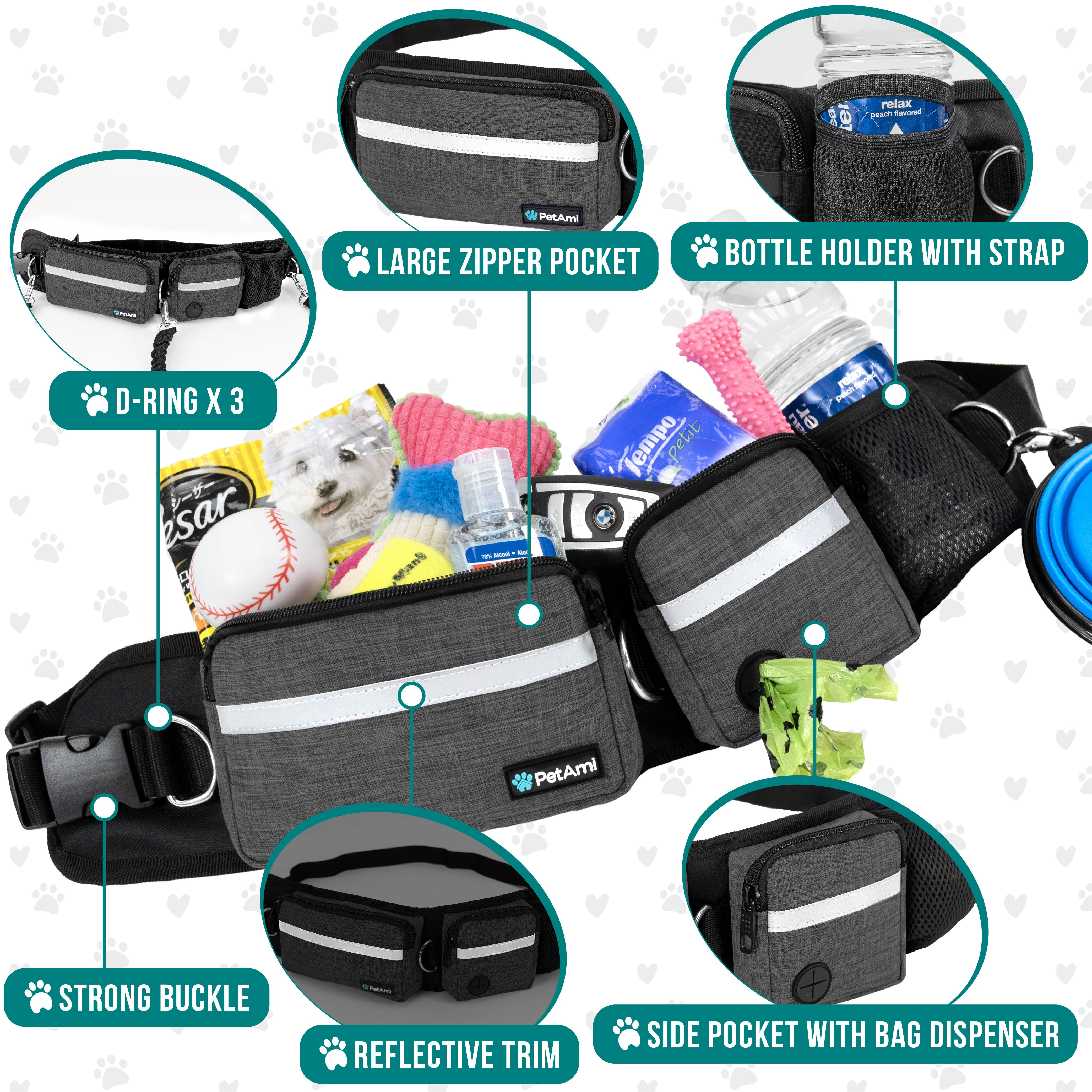 PetAmi Hands Free Dog Leash, Dog Running Leash Belt Bag for Walking, Jogging, Dog Waist Double Zipper Pouch with Poop Bag Dispenser, Dual Padded Handles Reflective Bungee Leash, Double (Charcoal Grey)