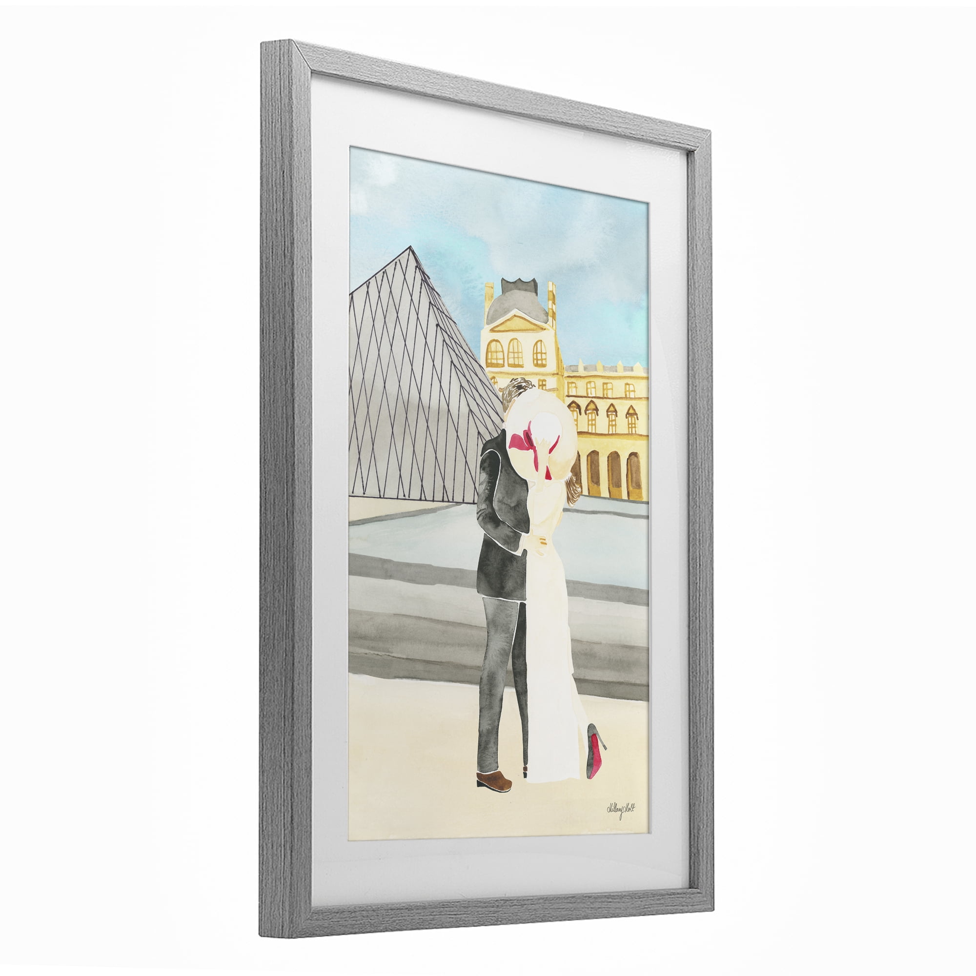Stupell Industries Couple Embrace At The Louvre Gray Framed Print Under Glass, design by Hillary Holt