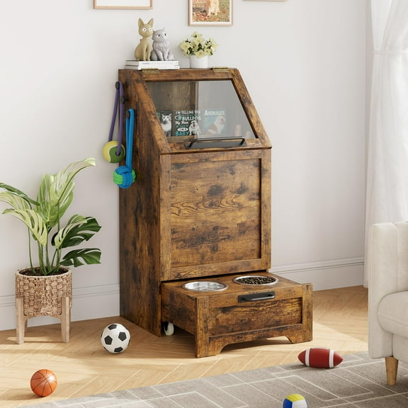 KOKEBREN Large Dog Food Storage Cabinet with Flip Top - Pet Feeding Station & Organizer w/Transparent Lid, Side Hooks for Leashes