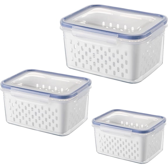‎TACYKIBD Set of 3 Storage Boxes, Food Storage Containers for Fridge Food Storage Containers Fruit Vegetables with Lid and Strainer Double Fridge Organiser Storage Containers Set (Light Blue)