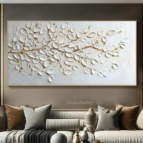 Miluva Original White Textured Flower Wall Art Relieaf On Plaster Stylewabi-Sabi Living Room Wall Art Unique Boho Modern Decor For Living Room Bedroom, 8x12 UNFRAMED