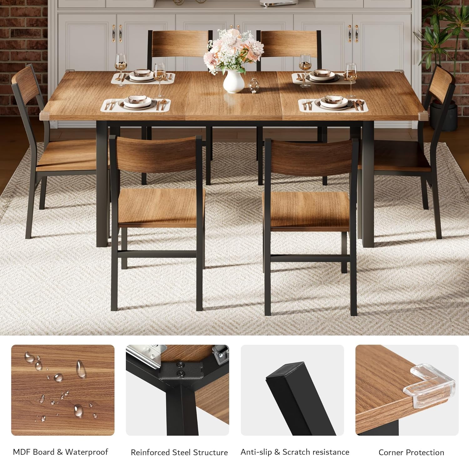 iPormis 63" Extendable Dining Table for 4-8, Square Wooden Dining Room Table with Metal Base, Modern Extendable Table for  Small Kitchens, Dining Office Areas, Walnut