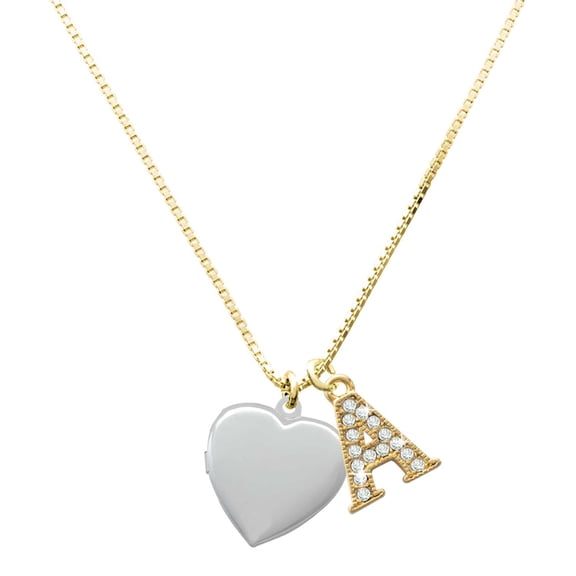 Delight Jewelry Silver-tone Heart Locket - Large Goldtone Crystal Initial - A - Charm Necklace, 17.5" 2"