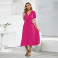 thumbnail image 3 of SWSMCLT Women's Short Sleeve High Waist Ruched Long Dresses Fall Dress V Neck Fitted Fashion Spring Sundress Rose Large, 3 of 4