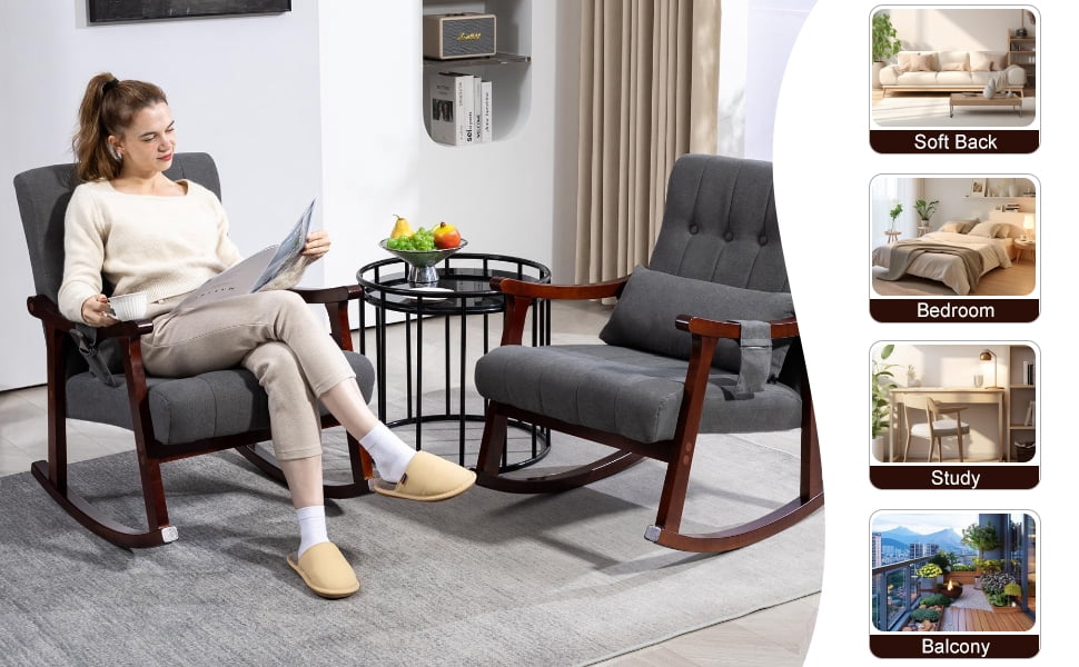 Rocking Chair with Massage Lumbar Support,Upholstered Glider Chair with Side Pocket, Nursery Rocker with High Backrest,Rubber Wood Legs, Rocking Accent Armchair for Living Room Bedroom Nursery