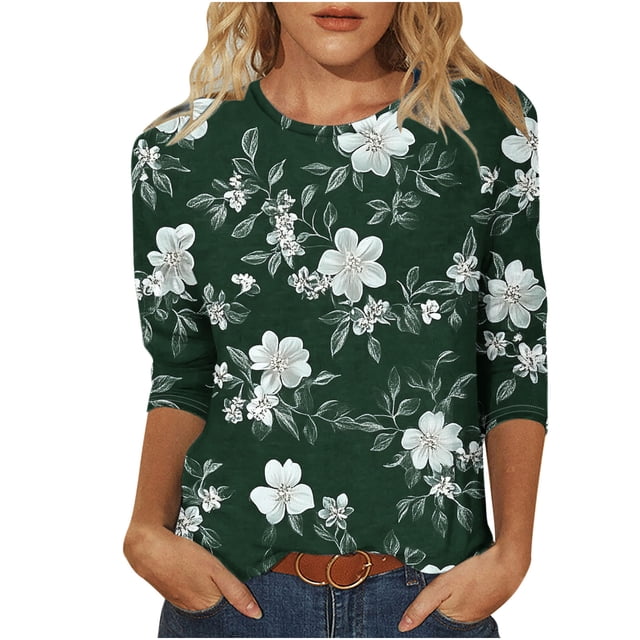 YanHoo Hauts à Manches 3/4 pour Femmes Grande Taille Col Rond Coupe Ample T-Shirts Graphiques pour Femmes Cadeaux Fête des Mères