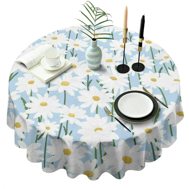 Nappe Ronde de Printemps à Motif de Marguerites, Housse de Table Sans Plis en Polyester, Nappe Ronde Imperméable et Réutilisable pour Pâques, Anniversaire, Pique-Nique, Mariage (Ronde, 60x60 Pouces)