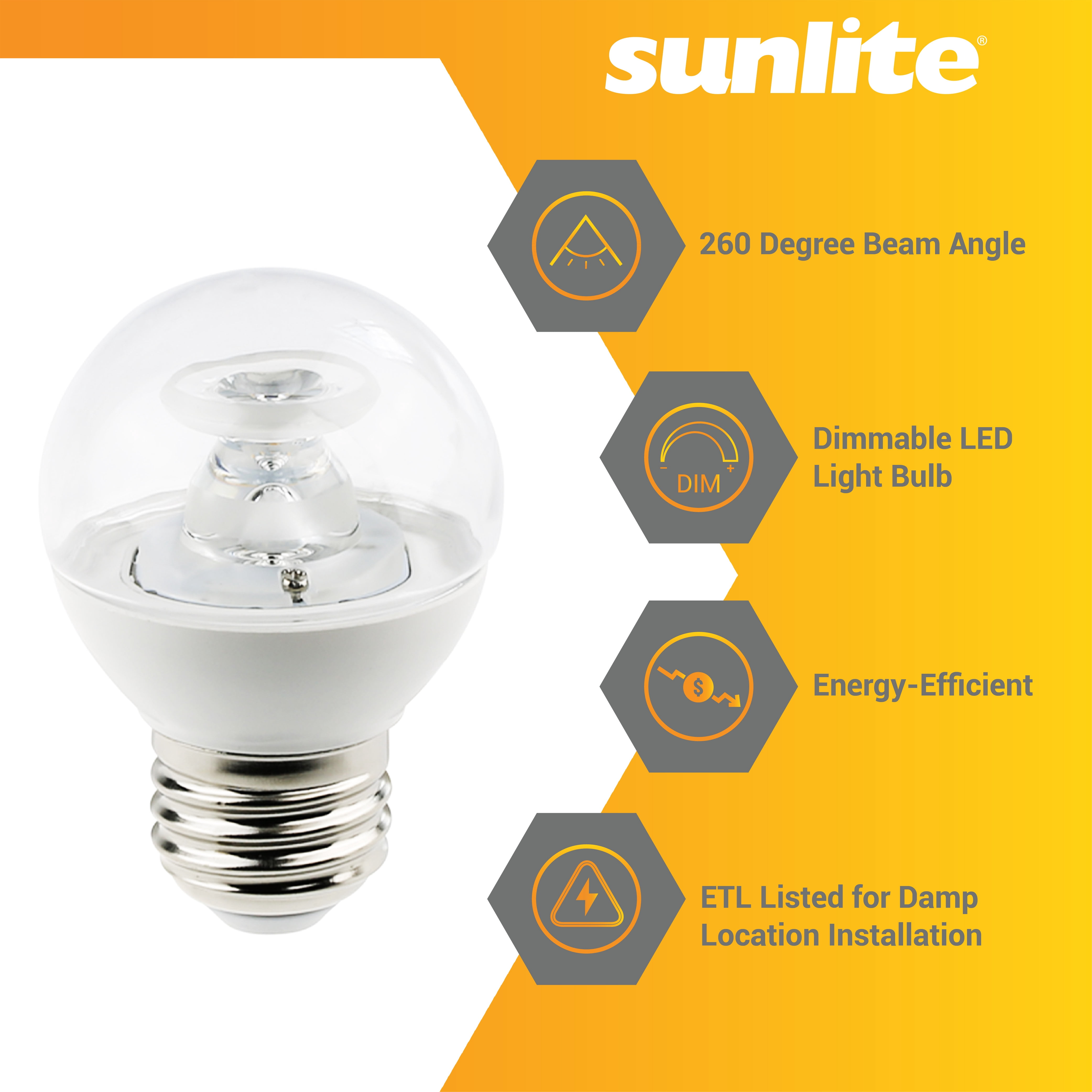 Sunlite G16 LED Dimmable Vanity Globe Light Bulbs, 5W (40W Equiv.), 350 Lumens, E26 Base, 3000K Warm White, Clear, 6-Pack