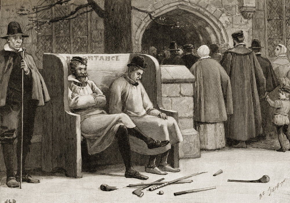 The Seat Of Repentance Two Golfers Found In Play On The Sabbath With Balls And Broken Implements Before Them Made To Sit On The Seat Of Repentance Wearing Sack Cloth Gowns Both Seat And Gowns Are Stil