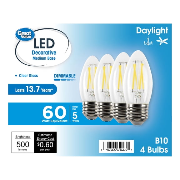 Great Value LED Light Bulb, 5W (60 Watts Equivalent), B10 Deco Lamp, E26 Medium Base, Dimmable, Daylight, 13yr, 4 Pack