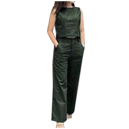 SBYOJLPB Women s Two Piece Sets Summer Outfits Women s Cotton and Linen Round Neck Sleeveless Shorts  Top  Widened Leg Pants  Long Pants Set Army Green 4(S)