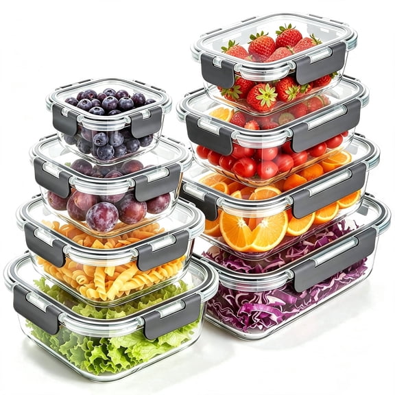 TAIMASI 16 Pcs Glass Food Storage Containers with Lids, Airtight Snap Lock Borosilicate Glass Meal Prep Containers, Microwave Oven Freezer Dishwasher Safe, BPA Free Kitchen Storage Set,Grey