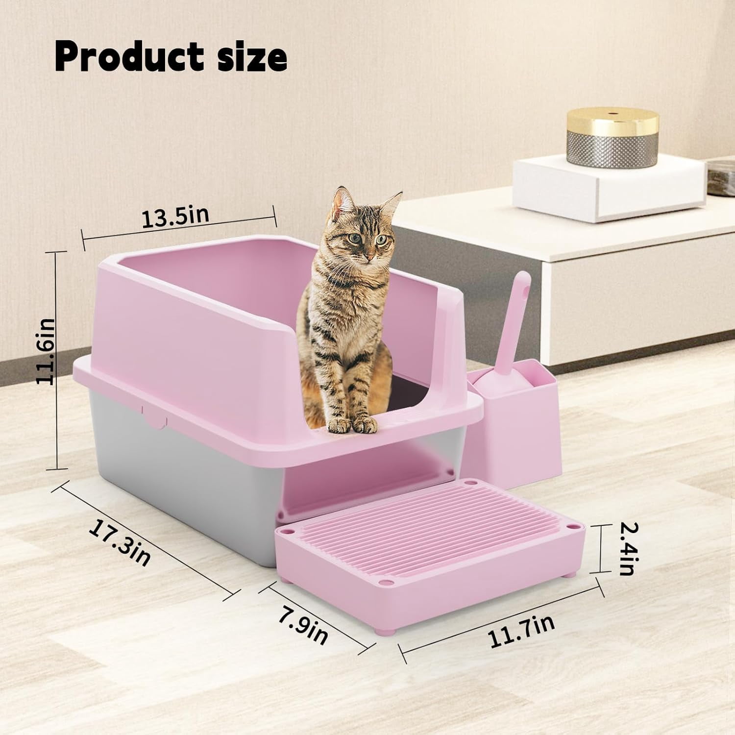 Cat Litter Box: Pink Stainless Steel Odor Control Pan - Easy Clean Non-Porous - 11.6" High Sides Anti-Scatter - Open Top for Fast Scooping - with Scoop - Apartment Bathroom/Laundry Room