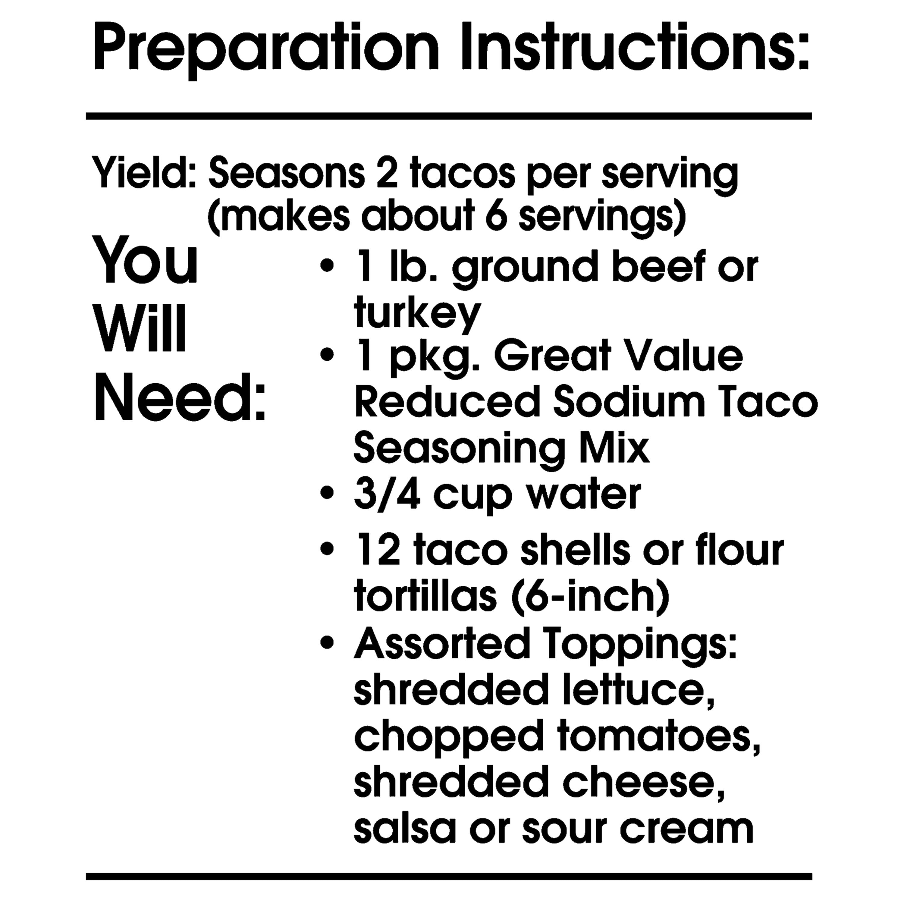 (6 pack) Great Value Reduced Sodium Taco Seasoning Mix, 1 oz