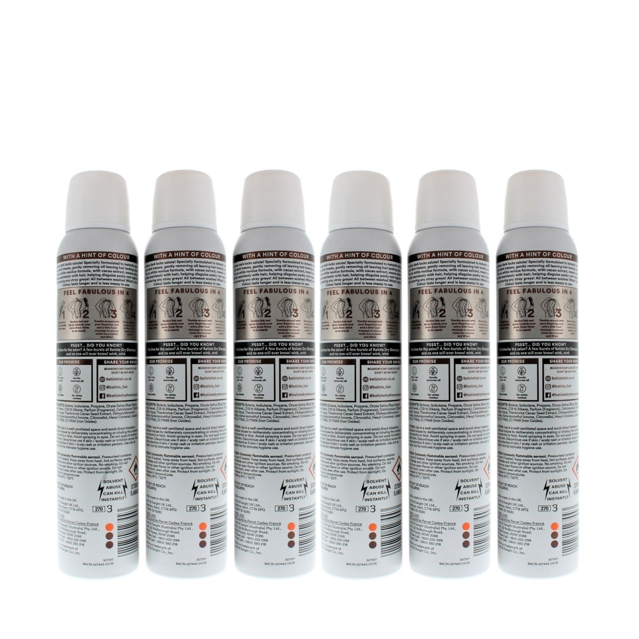 Batiste Hint of Color Dry Shampoo Dark Hair 200ml 6 Pack Instant Hair Refresh