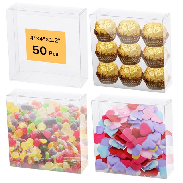 50 cajas transparentes para regalos, cajas de regalo de plástico transparente, cajas de regalo transparentes de 4 × 4 × 1,2 pulgadas, cajas de almacenamiento cuadradas para dulces, chocolate, accesori