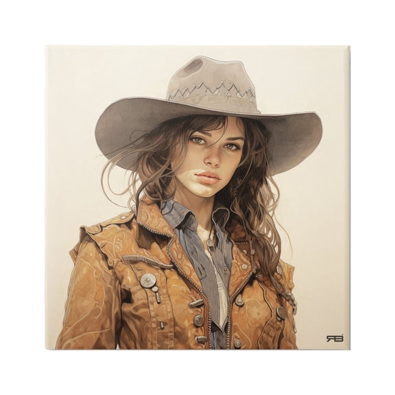Stupell Industries Brunette Cowgirl on Beige Abstract Painting Gallery Wrapped Canvas Art Print Wall Art, 17 x 17