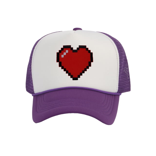Men's 80's Retro Large 8 Bit Pixelated Heart Gamer Trucker Hat, White/Purple